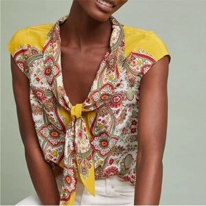Maeve by Anthropologie Scarf-Printed Silk Yellow Floral & Paisley Blouse